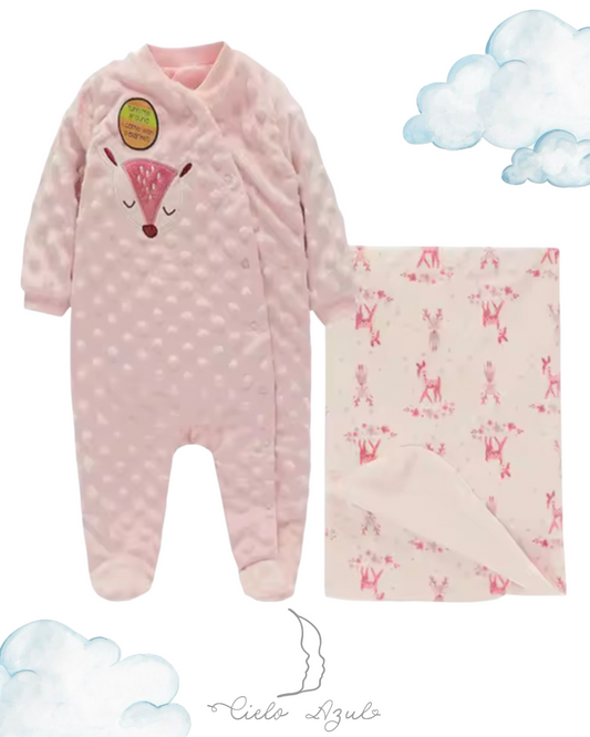 Enterito plush rosa pastel con manta